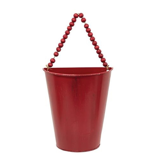 Distressed Red Metal Half Wall Bucket With Bead Hanger GCM200462B By CWI Gifts