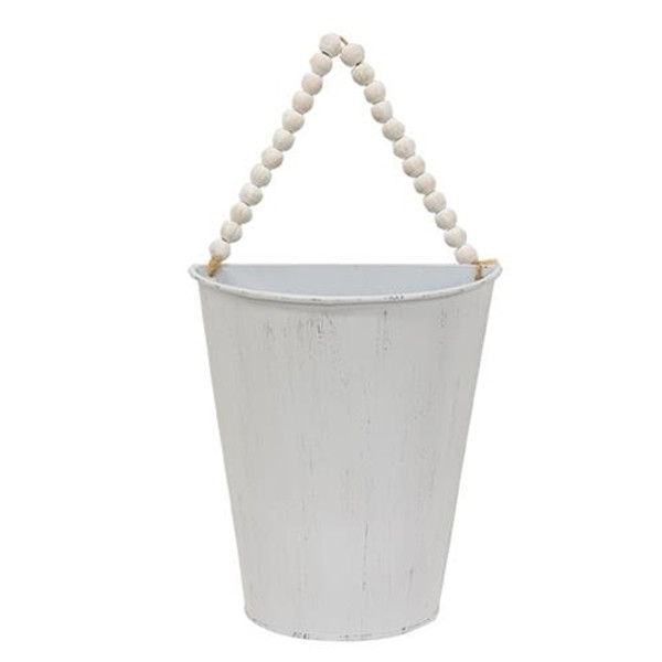 *Distressed White Metal Half Wall Bucket W/Bead Hanger GCM200463B By CWI Gifts