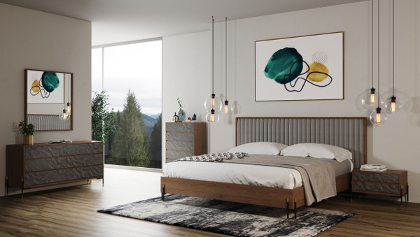 VGMABR-120-BRN-BED Nova Domus Metcalf - Mid-Century Walnut & Grey Bed W/ Two Nightstands By VIG Furniture