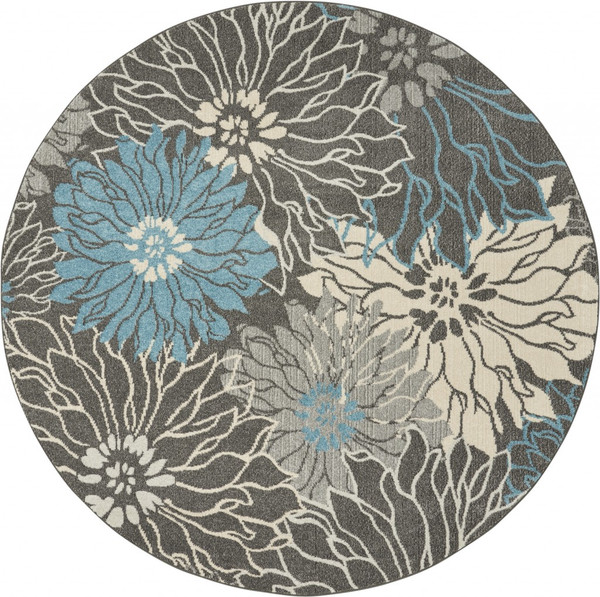 8 Round Charcoal And Blue Big Flower Area Rug 385418 By Homeroots