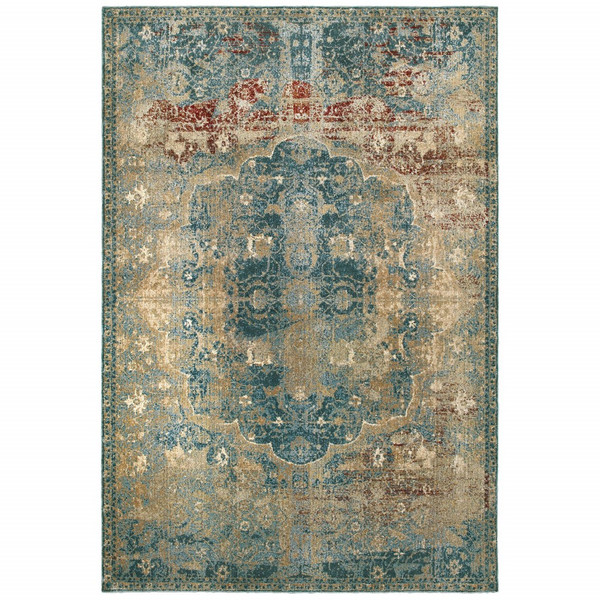 4 X 6 Sand And Blue Distressed Indoor Area Rug 388189 By Homeroots