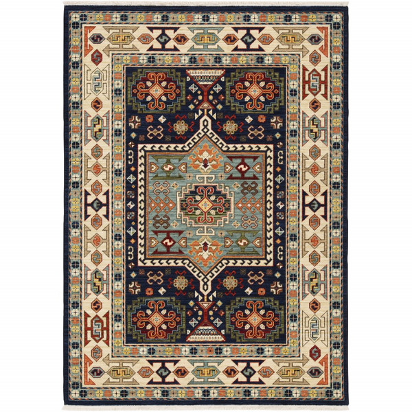 2' X 3' Blue Ivory Machine Woven Medallion Indoor Area Rug 388365 By Homeroots