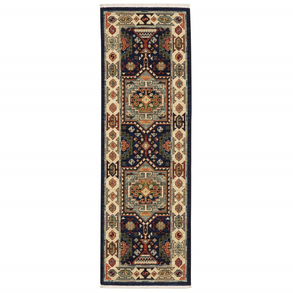12' Blue Ivory Machine Woven Medallion Indoor Runner Rug 388367 By Homeroots
