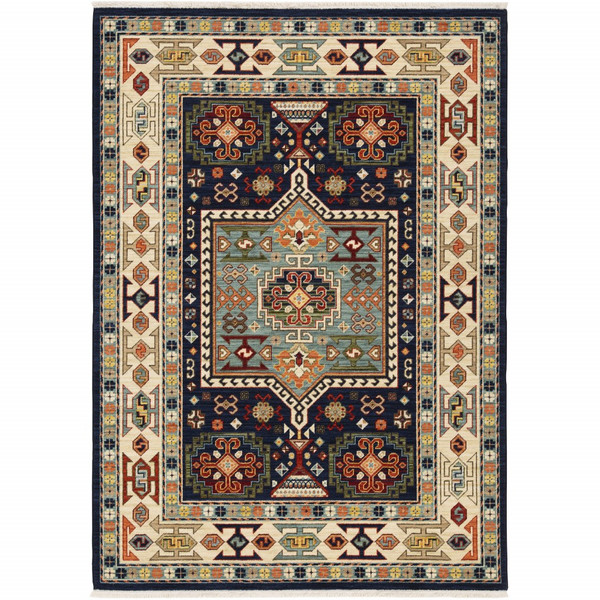 7' X 10' Blue Ivory Machine Woven Medallion Indoor Area Rug 388371 By Homeroots