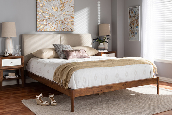 Baxton Studio Beige Upholstered Walnut Finished Full Size Platform Bed