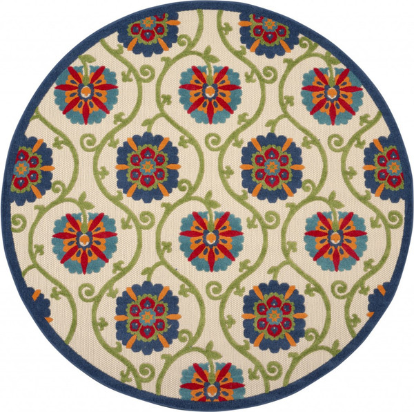 8' Round Blue Vines Indoor Outdoor Area Rug 384978 By Homeroots