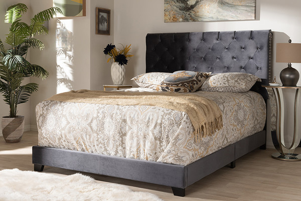 Baxton Studio Dark Grey Velvet Upholstered Queen Size Bed Candace-Grey-Queen