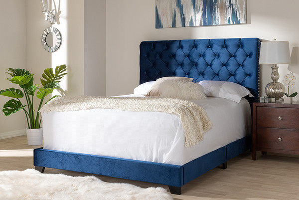 Baxton Studio Navy Velvet Upholstered Queen Size Bed Candace-Navy-Queen