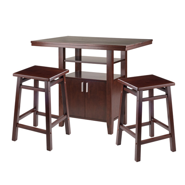 Winsome Albany 3-Piece High Table Set, Table With Cabinet & 2 Square Seat Stools 94753