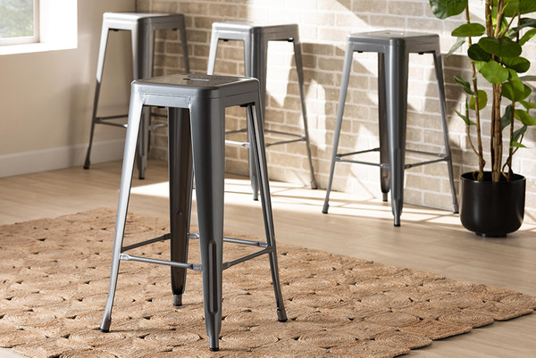 Horton Modern And Contemporary Industrial Grey Finished Metal 4-Piece Stackable Bar Stool Set By Baxton Studio AY-MC07-Dark Grey-BS