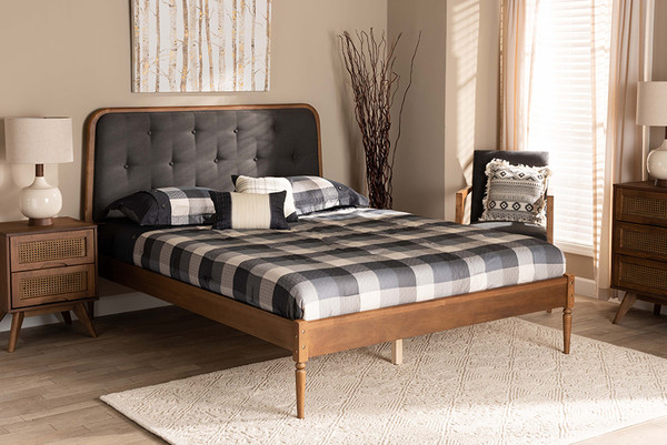Diantha Classic And Traditional Dark Grey Fabric Upholstered And Walnut Brown Finished Wood Full Size Platform Bed By Baxton Studio MG0061-Dark Grey/Walnut-Full