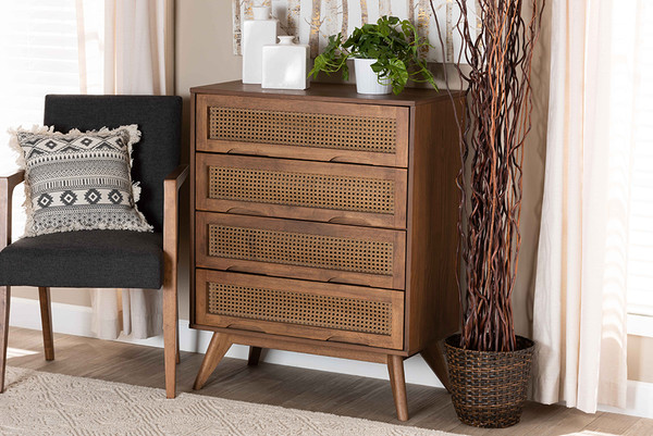 Barrett Mid-Century Modern Walnut Brown Finished Wood And Synthetic Rattan 4-Drawer Chest By Baxton Studio MG9001-Rattan-4DW-Chest