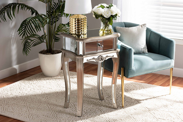 Elgin Contemporary Glam And Luxe Brushed Silver Finished Wood And Mirrored Glass 1-Drawer Nightstand By Baxton Studio JY13008-Silver-NS