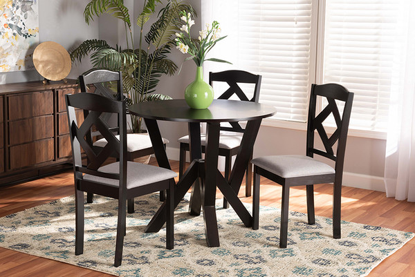 Riona Modern Transitional Grey Fabric Upholstered And Dark Brown Finished Wood 5-Piece Dining Set By Baxton Studio Riona-Grey/Dark Brown-5PC Dining Set