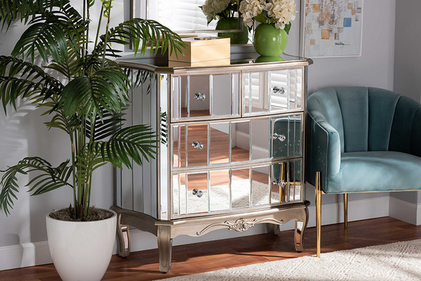 Elgin Contemporary Glam And Luxe Brushed Silver Finished Wood And Mirrored Glass 4-Drawer Cabinet By Baxton Studio JY13018-Silver-4DW-Cabinet