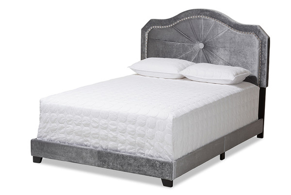 Baxton Studio Embla Grey Velvet Fabric Queen Size Bed Embla-Grey-Queen