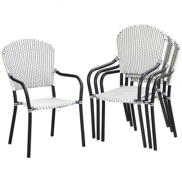 Set Of 4 Patio Rattan Stackable Dining Chair With Armrest For Garden-White NP10073WL