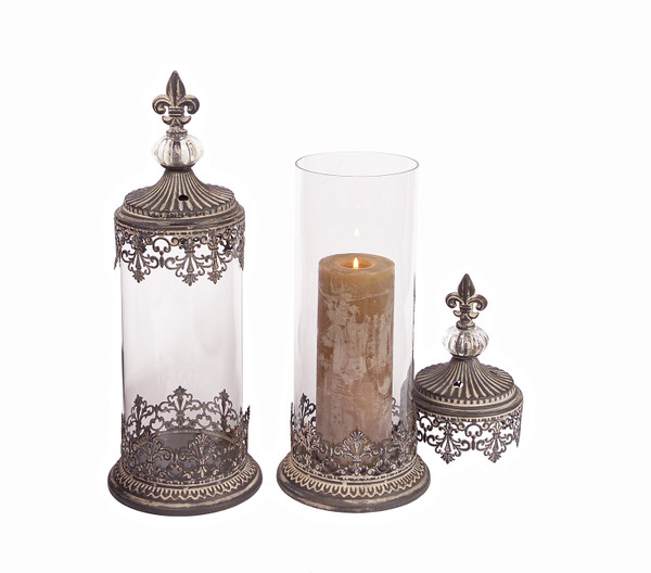 38524DS Candle Holder W/Lid (Set Of 2) 16.5"H, 18"H Glass/Metal By Melrose