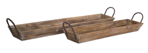 64804DS Wooden Tray W/Handles (Set Of 2) 28.75"L, 36.5"L Wood By Melrose