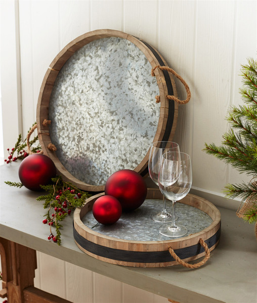 68912DS Wine Barrel Tray (Set Of 2) 15.5", 19.75"D Wood/Metal By Melrose