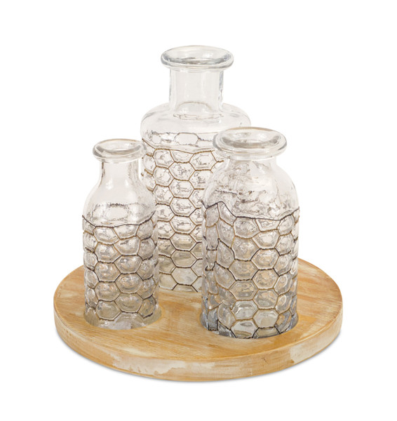 68926DS Jars W/Chicken Wire Wrap 9"H Glass/Wire, Includes Tray 9.75"D Wood By Melrose