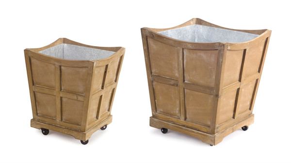 69031DS Planter On Wheels (Set Of 2) 14.5"Sqx17.25"H, 18.5"Sqx21.25"H Wood/Metal By Melrose