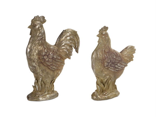 70355DS Chicken/Rooster (Set Of 2) 11"H, 12.5"H Resin By Melrose