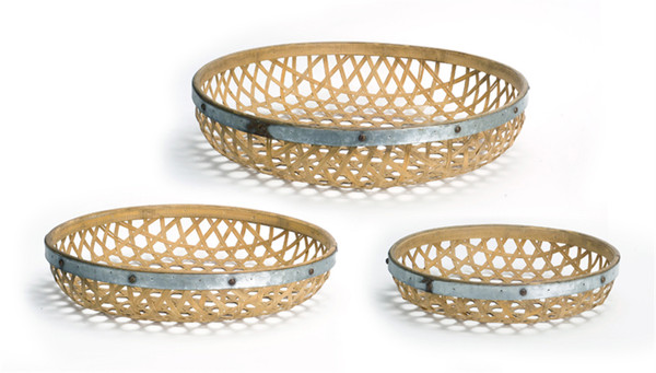 70709DS Round Woven Tray (Set Of 3) 17"D, 20"D, 23.5"D Bamboo/Metal By Melrose