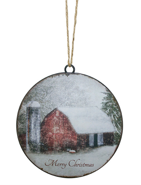 72133DS Merry Christmas/Barn Disc Ornament (Set Of 12) 6"D Metal By Melrose
