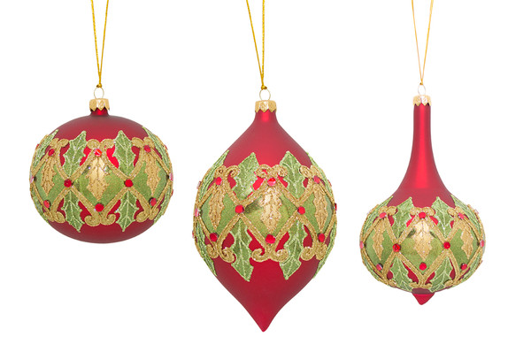 73661DS Holly Leaf Pattern Ornament (Set Of 3) 5.5"H, 7"H, 7.5"H Glass By Melrose