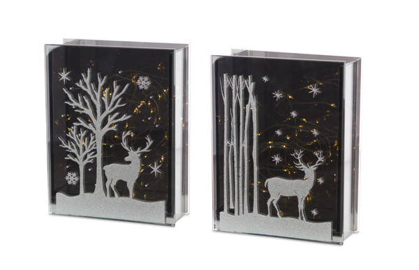 76951DS Deer And Tree Table Piece With Timer (Set Of 2) 7"H Glass By Melrose