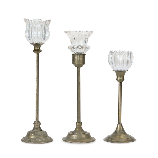 80041DS Candle Holder (Set Of 3) 18.5"H, 22.25"H, 24"H Metal/Glass By Melrose