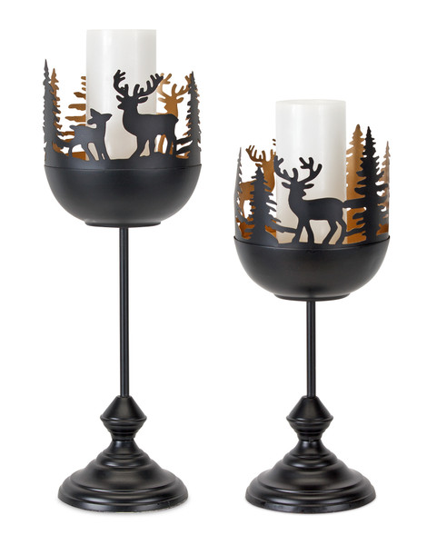 80154DS Deer And Tree Candle Holder (Set Of 2) 15"H, 18"H Iron By Melrose