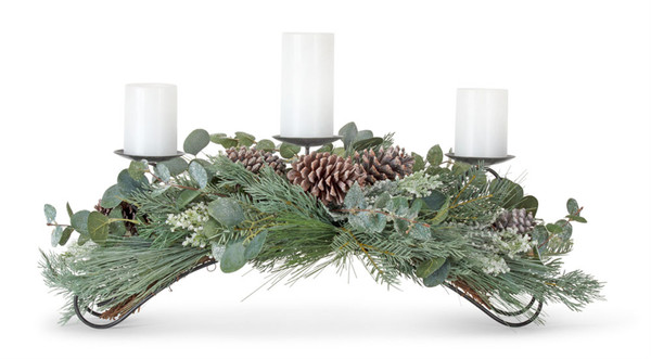 81223DS Pine And Eucalyptus Centerpiece 31"L X 11.5"H Plastic/Polyester (Fits 3" Candles) By Melrose