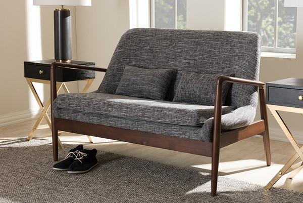 Baxton Studio Walnut Wood Grey Fabric Upholstered 2-Seater Loveseat LB887-Grey-LS