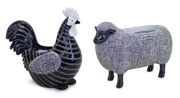 82648DS Chicken And Sheep Planter (Set Of 2) 9"L X 6"H, 9"L X 7.75"H Resin By Melrose