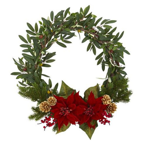 21" Olive With Poinsettia, Berry And Pine Artificial Wreath 4397 By Nearly Natural