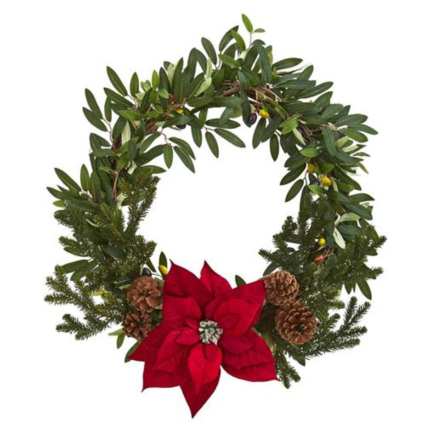 20" Olive With Poinsettia Artificial Wreath 4407 By Nearly Natural