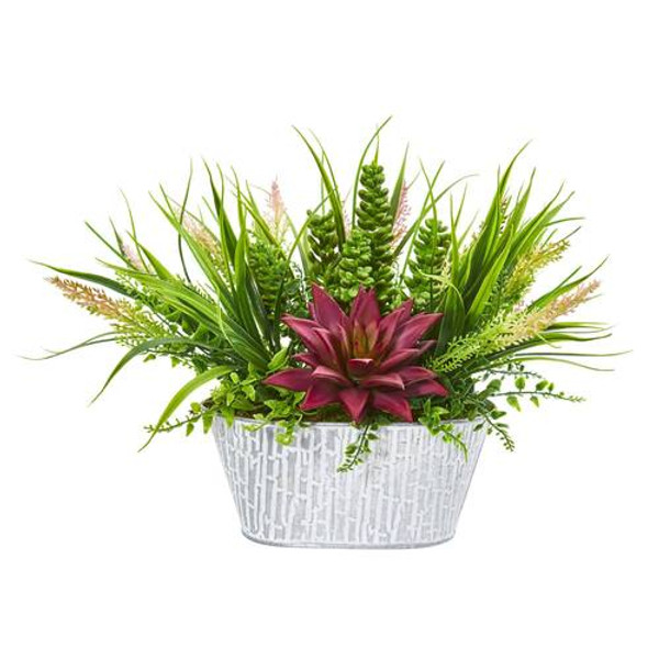 10" Succulent And Grass Artificial Plant In White Tin Planter 8928 By Nearly Natural