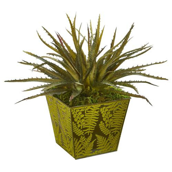 12" Aloe Succulent Artificial Plant In Green Tin Planter 8942 By Nearly Natural