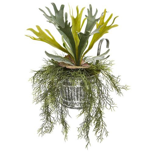 14" Staghorn And Tillandsia Artificial Plant In Vintage Hanging Metal Pail 8949 By Nearly Natural