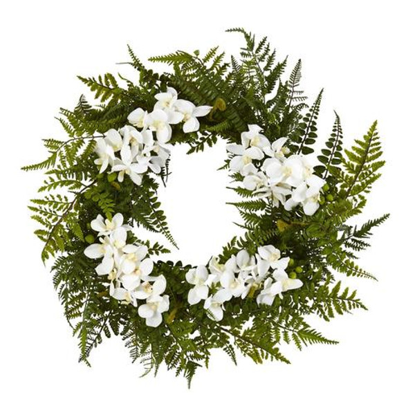 24" Mixed Fern And Phalaenopsis Orchid Artificial Wreath 4430-WH By Nearly Natural