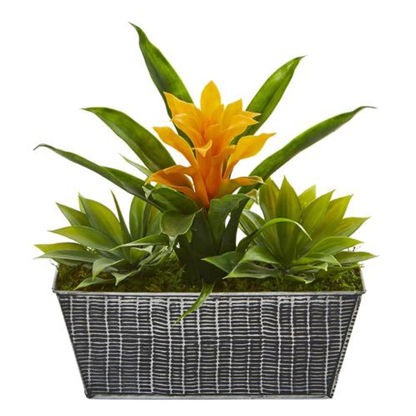 11" Bromeliad And Agave Artificial Plant In Embossed Tin Planter 8921-YL By Nearly Natural