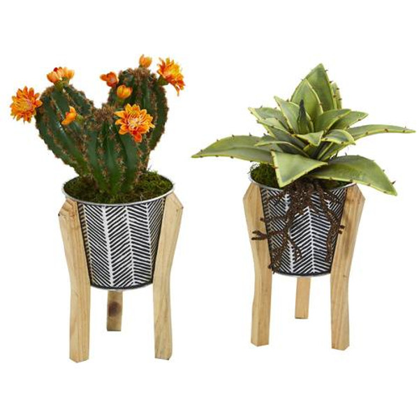 12" Mixed Succulent Artificial Plant In Tin Planter With Legs (Set Of 2) 8933-S2 By Nearly Natural
