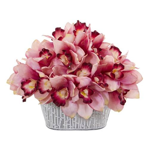 12" Cymbidium Orchid Artificial Arrangement In Tin White Vase A1125-PK By Nearly Natural