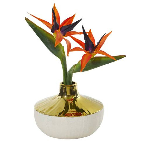 14" Bird Of Paradise Artificial Arrangement In Gold And Cream Elegant Vase A1141 By Nearly Natural