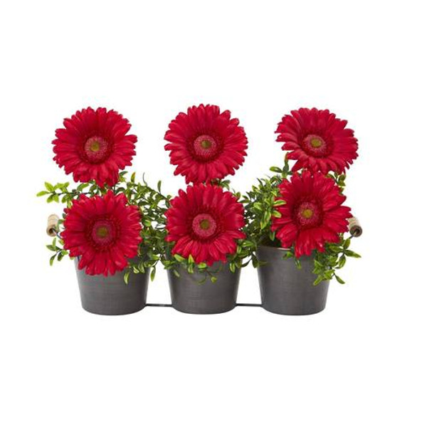 14" Gerber Daisy Artificial Arrangement In Trio Metal Vase A1189-RD By Nearly Natural