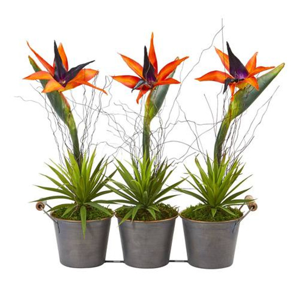 14" Bird Of Paradise And Succulent Artificial Arrangement In Trio Metal Planter A1192 By Nearly Natural