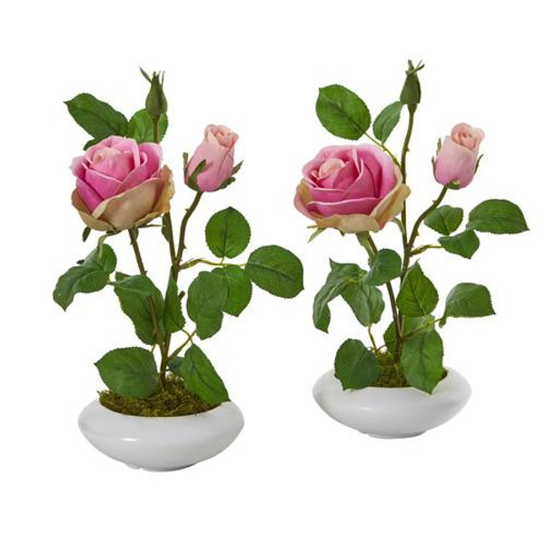 14" Rose Artificial Arrangement In White Vase (Set Of 2) A1201-S2-PK By Nearly Natural