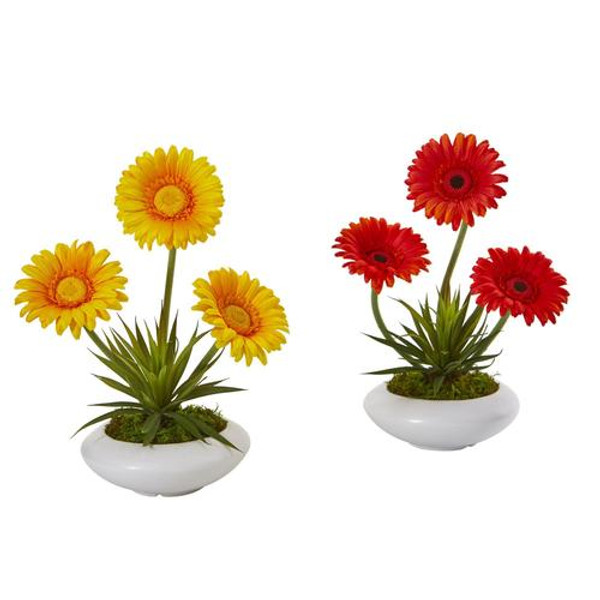 12" Gerber Daisy And Succulent Artificial Arrangement In White Vase (Set Of 2) A1203-S2-OY By Nearly Natural